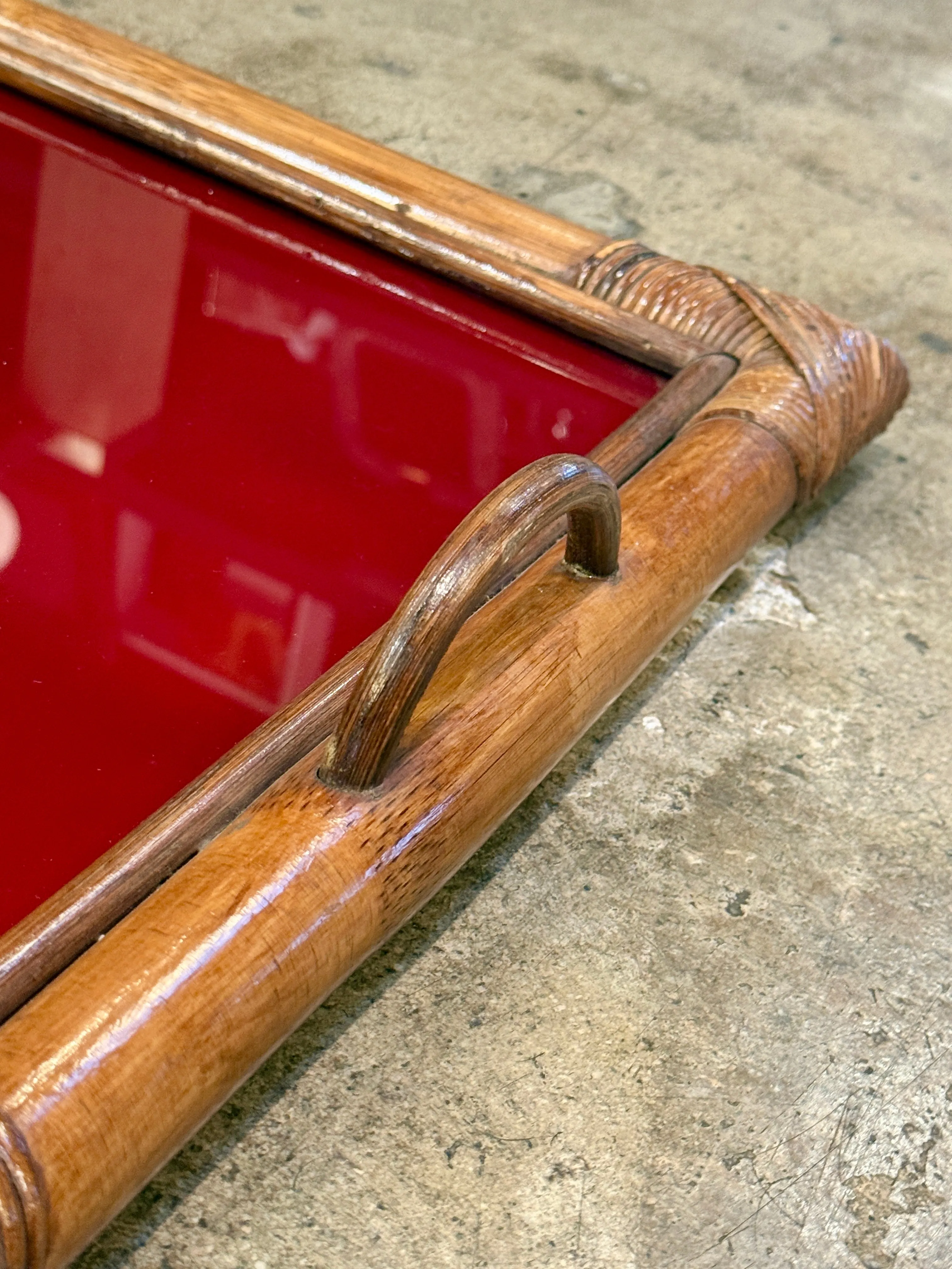 Bamboo Tray, Italy 70s, with burgundy top