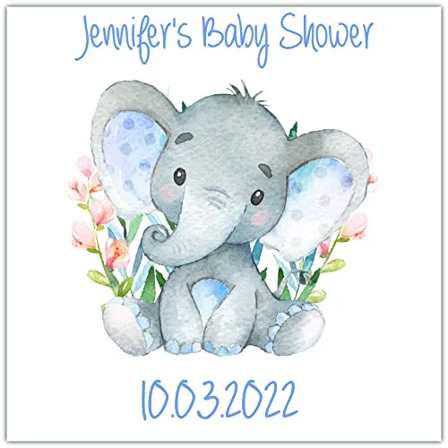 Personalised Baby Shower Stickers for Favours Party Bags Watercolour Elephant Blue
