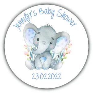 Personalised Baby Shower Stickers for Favours Party Bags Watercolour Elephant Blue